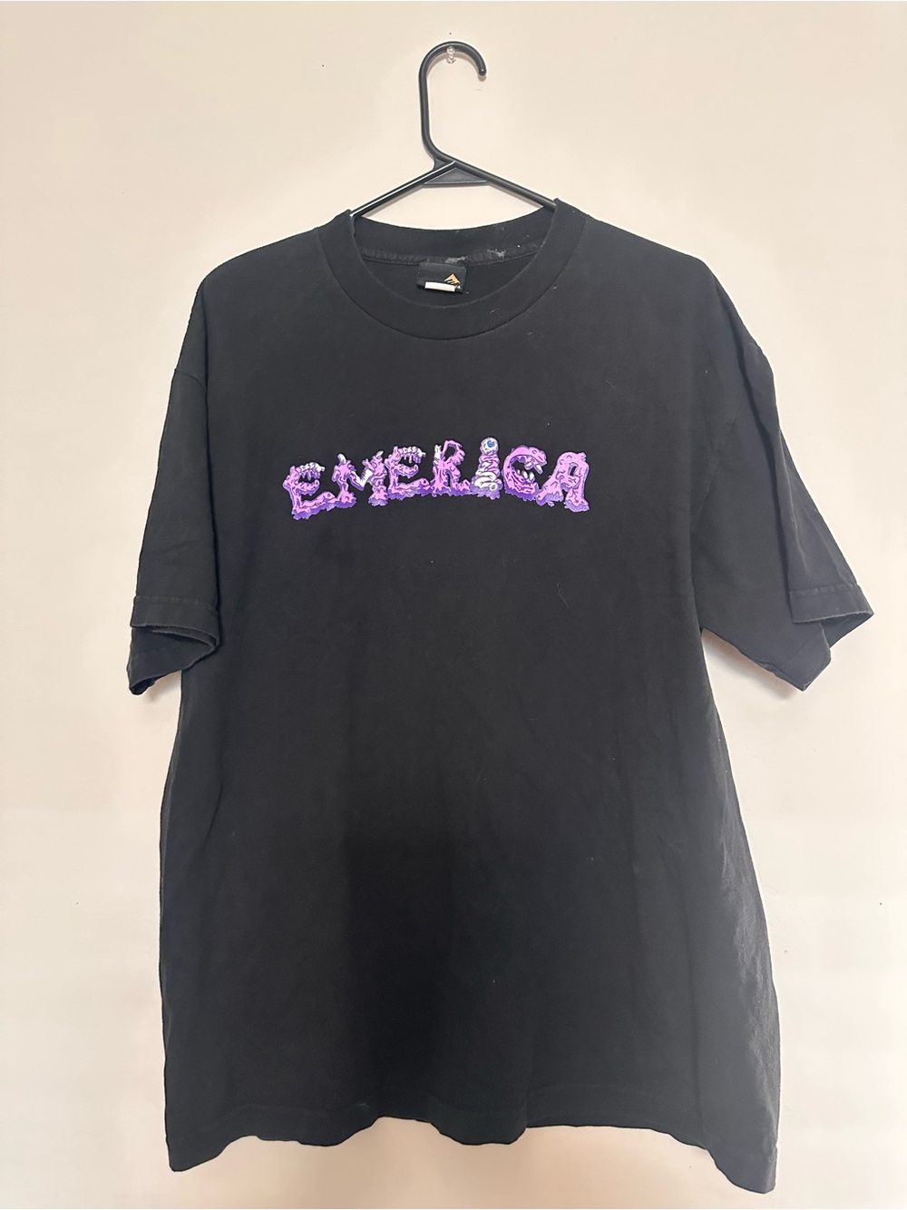 Y2K Vintage Emerica Black Short-Sleeve Tee with Purple Logo